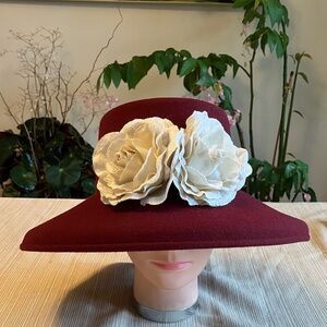 Elegant Burgundy Wool Hat with Cream Velvet Floral Accent